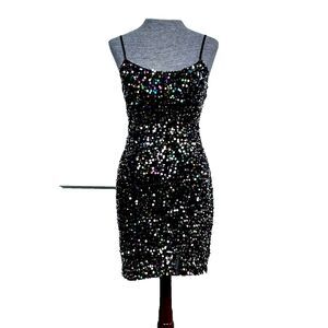 Sequin Black Velvet Mini Dress Pear Culture Slit Built-in Bra Junior Sz 1-2 NWT